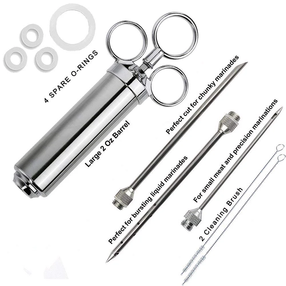 

Meat Injector Syringe, 2-oz Marinade Flavor Injector 304 Stainless Steel with 3 Professional Needles,2 Cleaning Brushes and 4