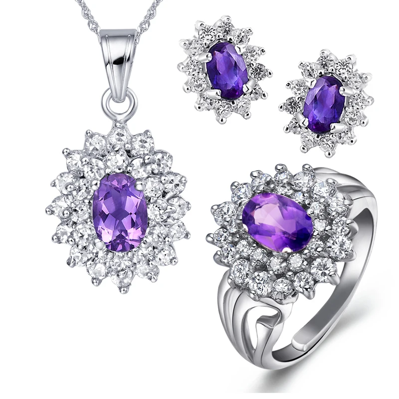 

Natural Amethyst Ring Earring Necklace 925 Sterling Silver Crystal Woman Fashion Fine Elegant Jewelry Sets Queen Birthstone Gift