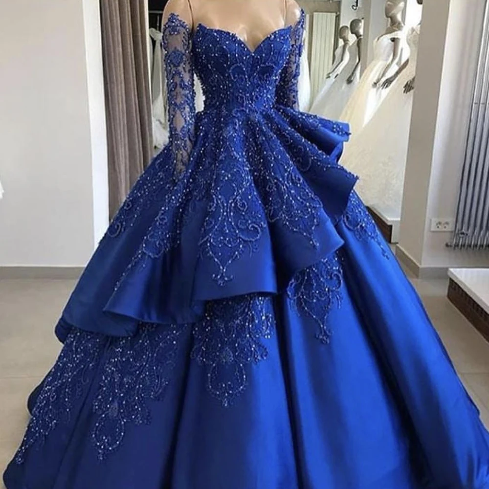 

royal blue evening dresses 2019 long sleeve pearls lace appliques ruffle ball gown satin evening gowns vestidos de fiesta