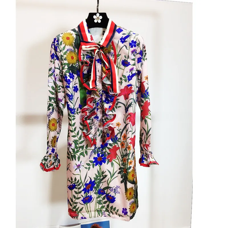 

Luxury Designer Brand Dress for Women Long Sleeve Bow Printed Dress