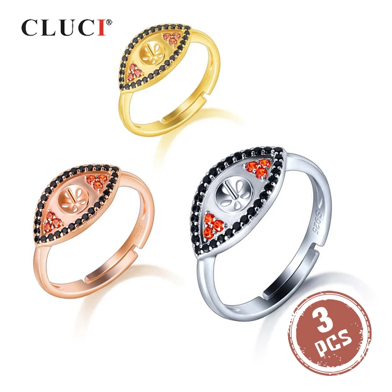 

CLUCI 3pcs Silver 925 Mysterious Eye Shaped Women Pearl Ring Mounting Adjustable Silver 925 Zircon Rings Jewelry SR2206SB