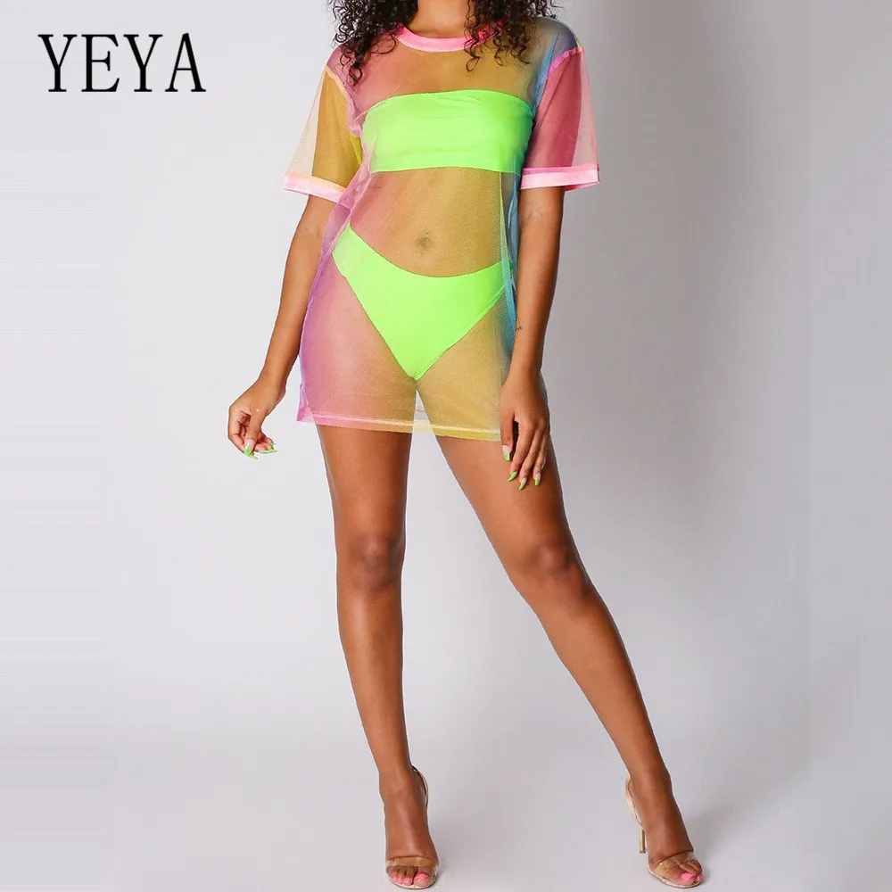 YEYA Special Design Sexy Three Piece See Through Sets Women Transparent Tie Dye Print Hollow Out Beachwear Festival Clothes YEYA Special Design Sexy Three Piece See Through Sets Women Transparent Tie Dye Print Hollow Out Beachwear Festival Clothes