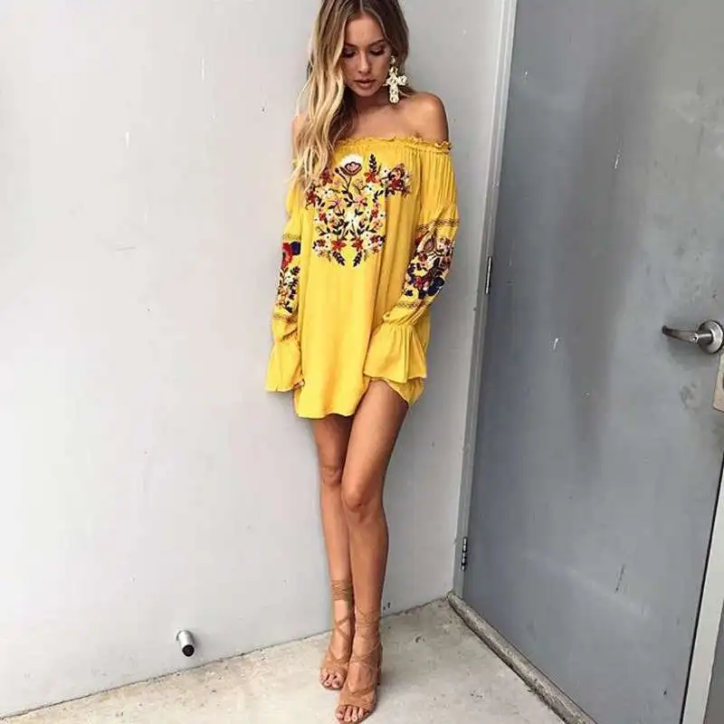 Vintage Floral Embroidery Women Dress 2017 Summer Boho Long Sleeve Sexy Slash Neck (5)