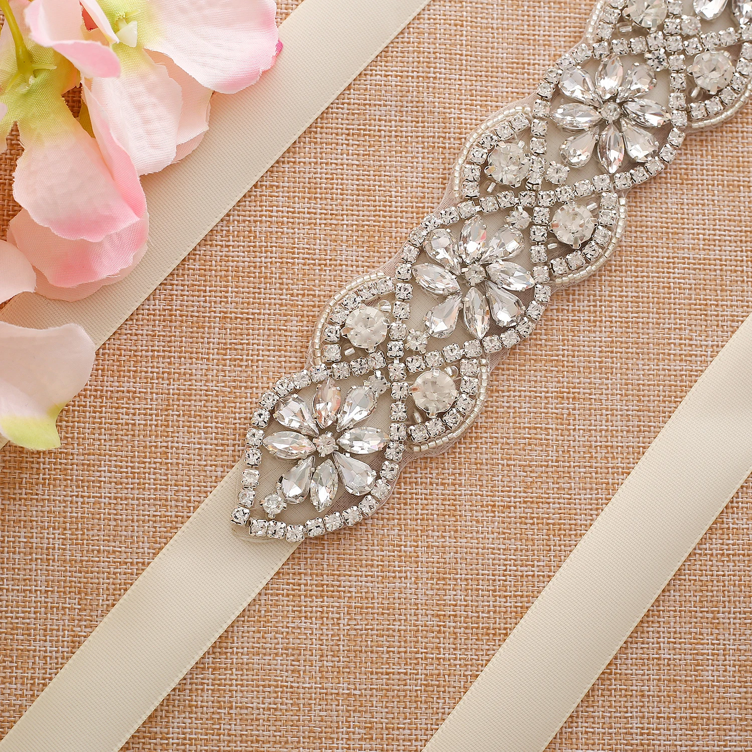 SESTHFAR pas ślubny kwiat dziewczyny szarfa ślubna ręcznie srebrne kryształki pas na imprezę