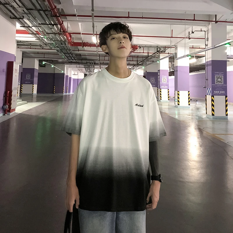 

Summer New T Shirt Men Fashion Gradient Color Casual O-neck Short-sleeved Tshirt Man Streetwear Hip-hop Loose Cotton T-shirt