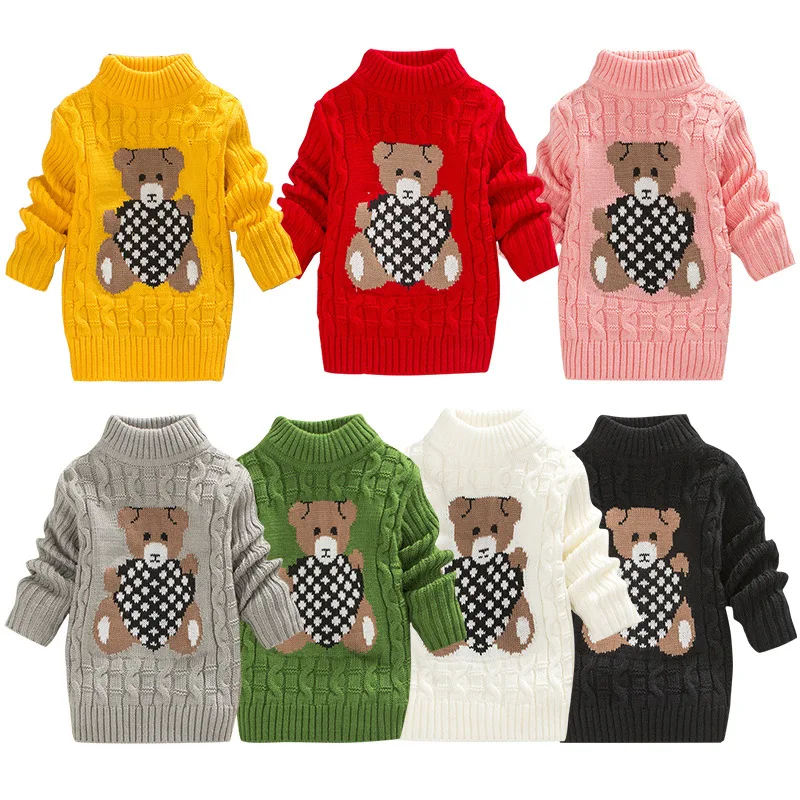 Зимние свитера для мальчиков и девочек, пуловер, детская одежда, теплый вязаный свитер ярких цветов с рисунком медведя для маленьких девочек, детская верхняя одежда