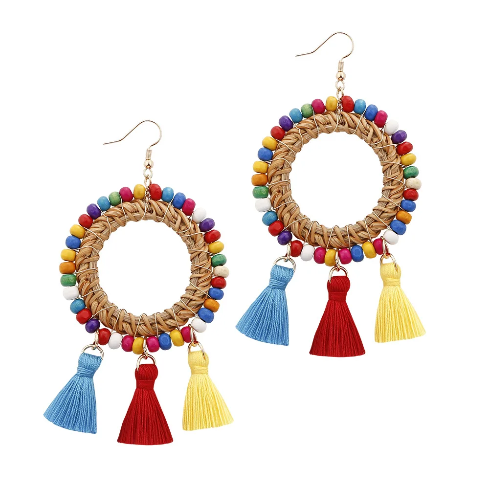 

Fashion BOHO Style Multi-color Wooden Beads Wrapped Round Rattan Weaving Dangle Drop Earrings Gypsy Rommany Tassel Drop Earrings