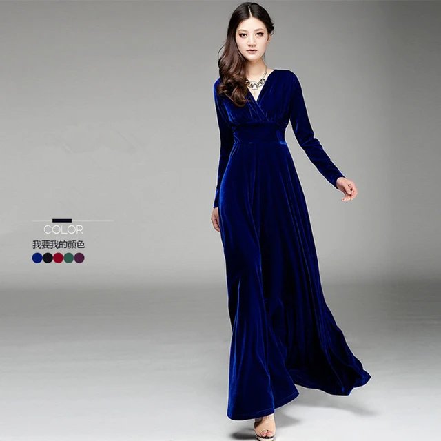 Free Shipping New Fashion Plus Size S-3XL Stretch Velour Dresses For Women  Long Maxi One-piece Dress Spring Autumn Velvet V-neck