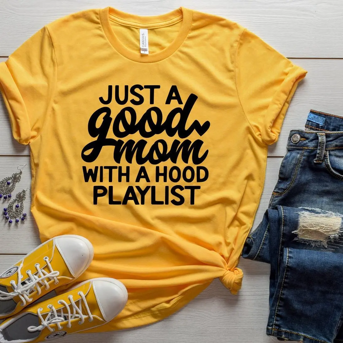 

2019 Just A Good Mom With A Hood Playlist T-Shirt Funny Momlife Shirt Mom Music Shirt Mom AF Tees