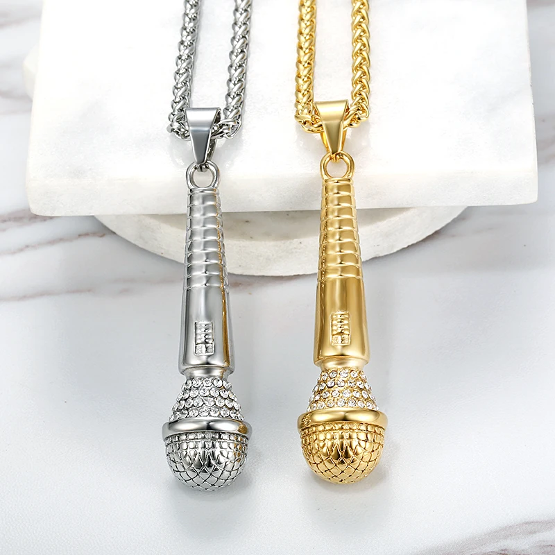 Хип-хоп ожерелье из нержавеющей стали золотого цвета Iced Out цепи музыкальный кулон «микрофон» ожерелье для мужчин/женщин Подарки