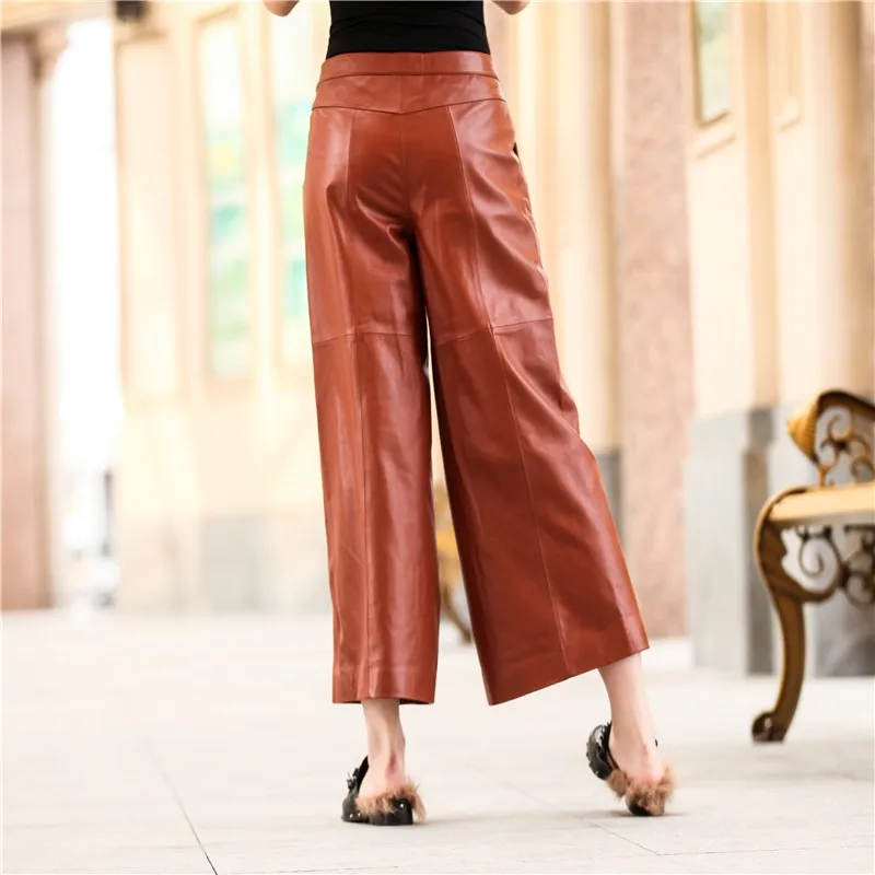 2019 новые весенние женские коричневые штаны из натуральной кожи высокого качества свободные широкие женские штаны уличная мода женские
