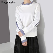 Hongsonghan/корейские женские топы для всех, сочетающиеся с тонким воротником с длинными рукавами и отворотами, комбинированные поддельные два предмета, свободные футболки