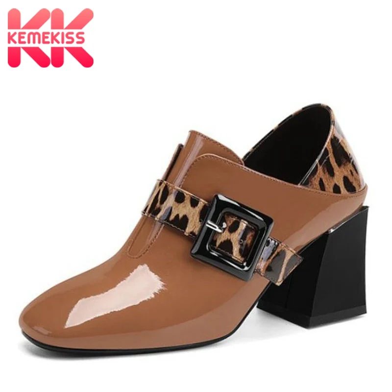 

KemeKiss Women Casual Shoes Genuine Leather High Heel Shoes Women Sexy Leopard Buckle Zipper Designer Footwear Size 33-42