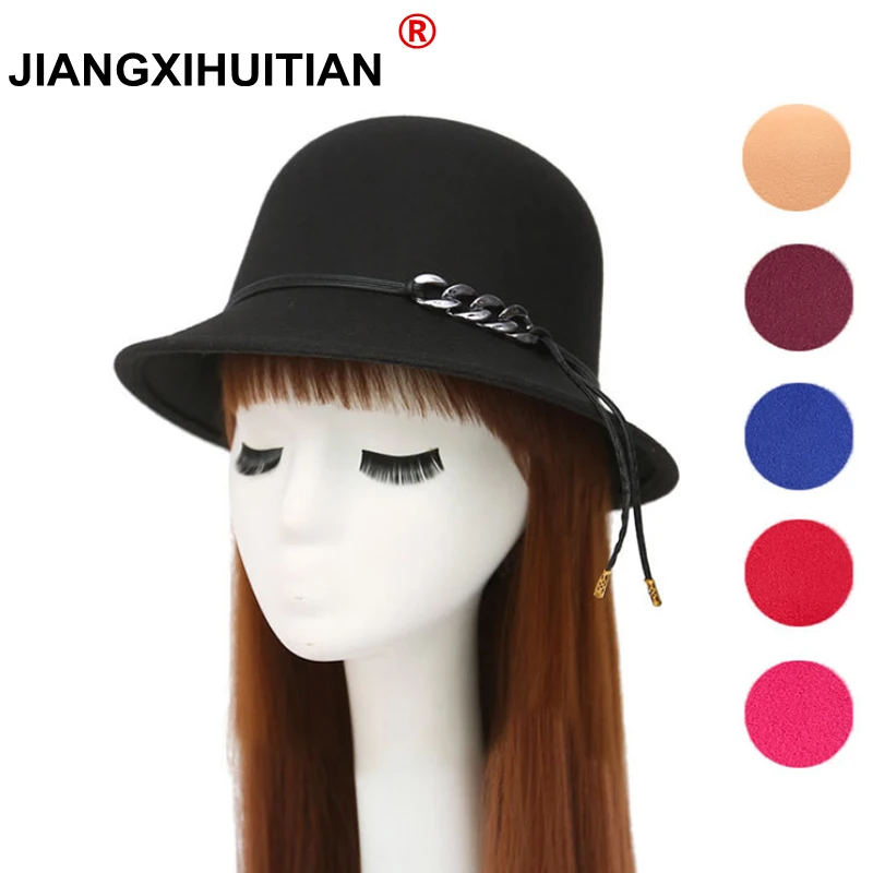 

2017 Europe England Korean Fall Winter Women's Fedora Caps Vintage Sun Hats For Woman Lady Wide Brim Wool Felt Hat For Women