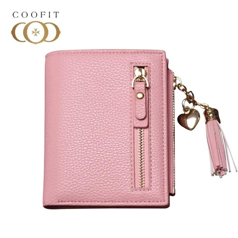 

coofit Sweetly Women's Wallets PU Leather Short Pattern Bifold Zipper Wallet Card Stands Photo Window Coin Purse With Tassel