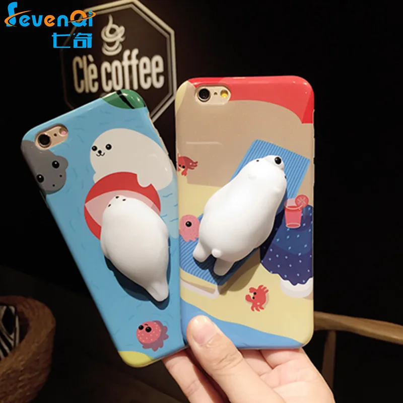 SEVENQI Squishy Phone Case for iPhone 7 6 6S Plus Finger Pinch 3D Cute Soft Silicone Panda Pappy Cat Seal Kitty Cover Coque |