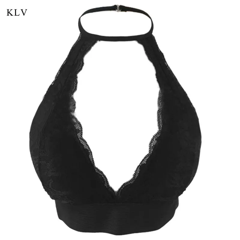 KLV 2018 New Fashion Women Floral Lace High Neck Bralette Halter Hollow