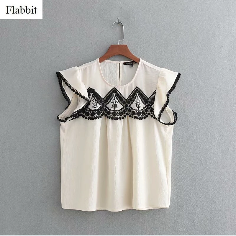 

Flabbit women sweet o neck lace crochet embroidery patchwork casual blouses shirts chiffon femininas chemise blusas tops LX0552
