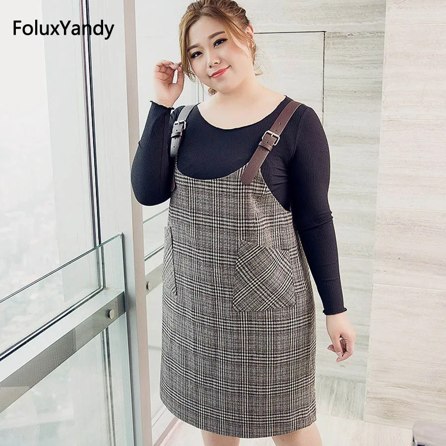 Plaid Overalls Dress Women Plus Size 3 4 XL Sleeveless Spaghetti Strap