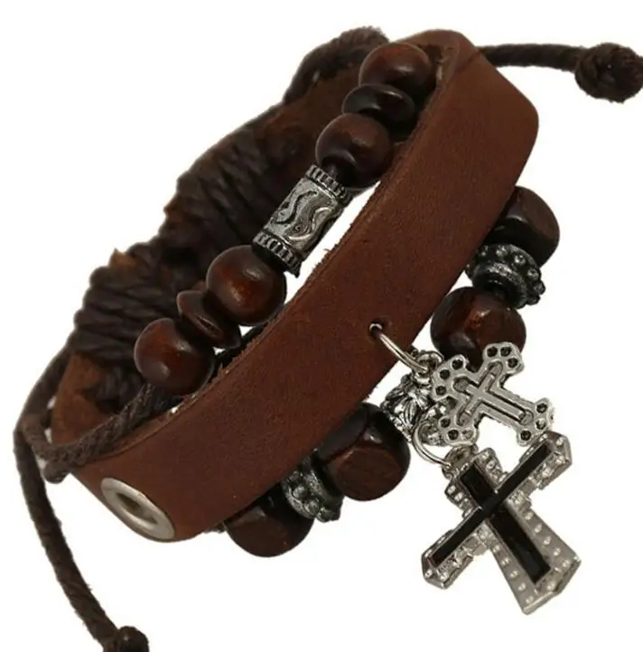 Leather Charm Men Bracelet Cross Christian Jewelry Multilayer Bradied Bracelets Bangles Mens