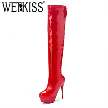 

WETKISS Red Sexy Women Over The Knee Boots Round Toe Stiletto Heel High Shoes Fashion Zip Female Boots Platform Long Shoes Hot