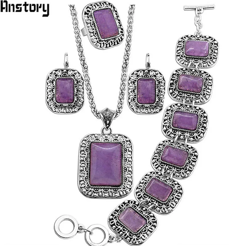 Natural Purple Stone Jewelry Sets Flower Pendant Necklace Bracelet