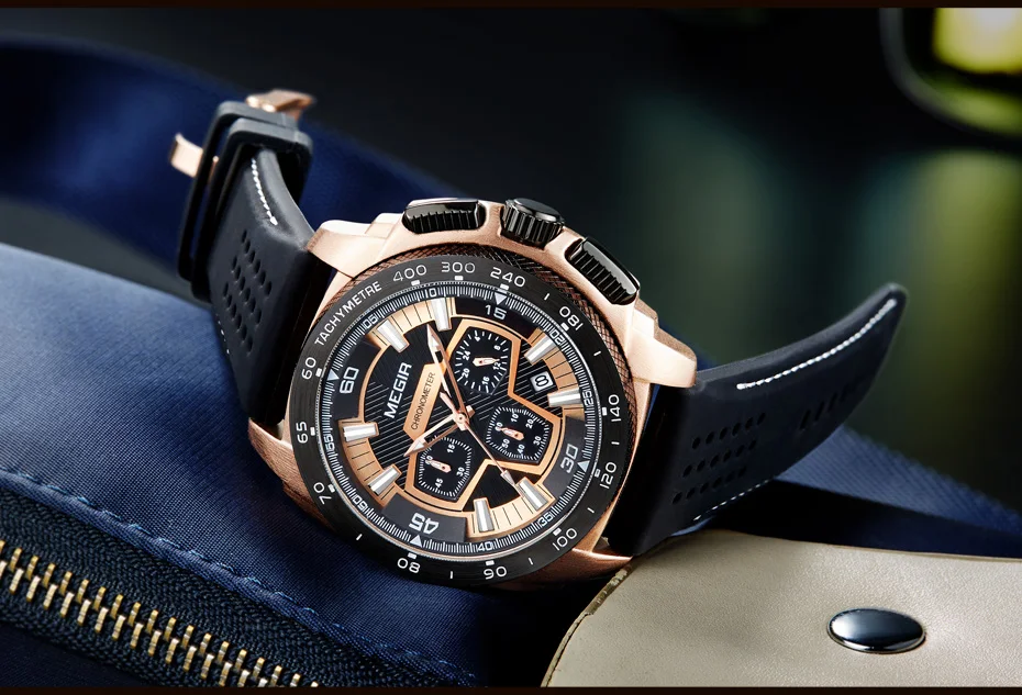 Megir мужские спортивные часы с хронографом и резиновым ремешком, светящиеся наручные часы для мужчин и мальчиков 2056G-1N0