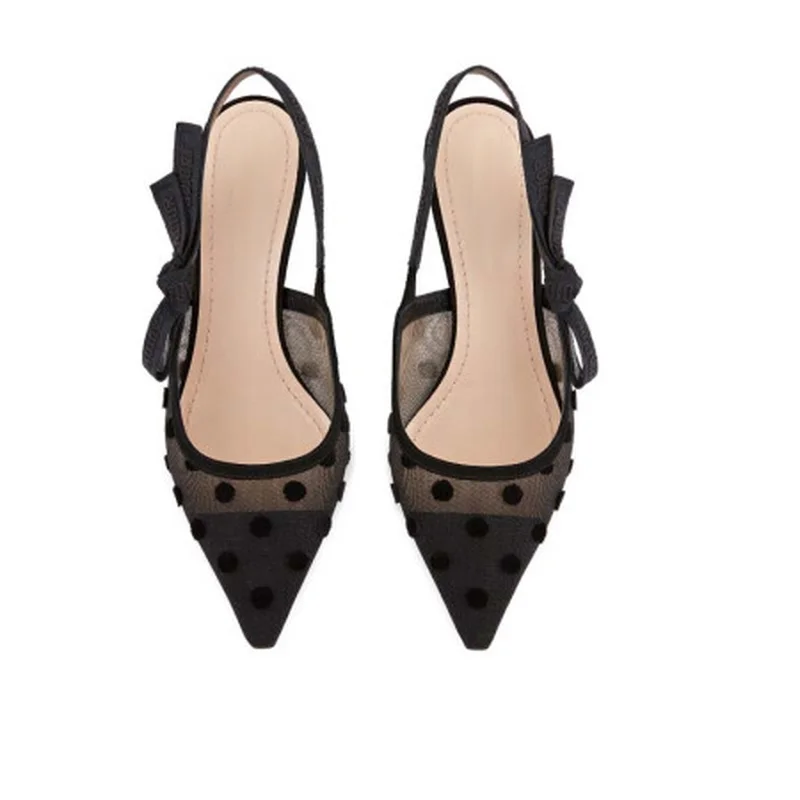 

Genuine Leather Pointed High-heeled Shoes Sandals Women's Middle Heel Plaid Bow Tie 6cm High Heel Sandals Slippers Luxury Shoes