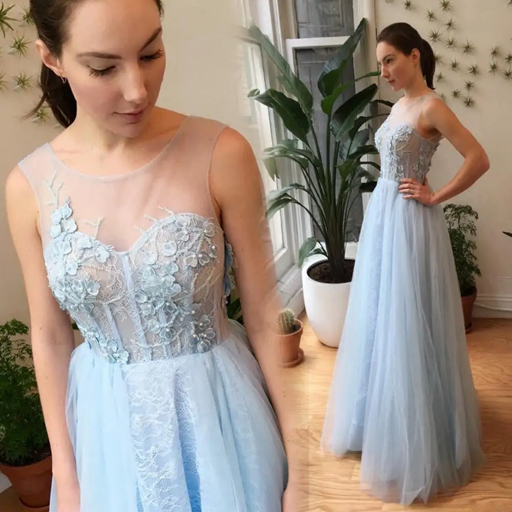 Elegant Lace font b Evening b font font b Dresses b font 2016 Light Sky Blue