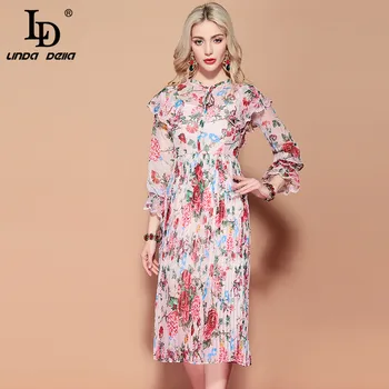 

LD LINDA DELLA 2019 Fashion Runway Summer Dress Women's Long Sleeve Vintage Floral Print Pleated Ruffles Draped Chiffon Dress