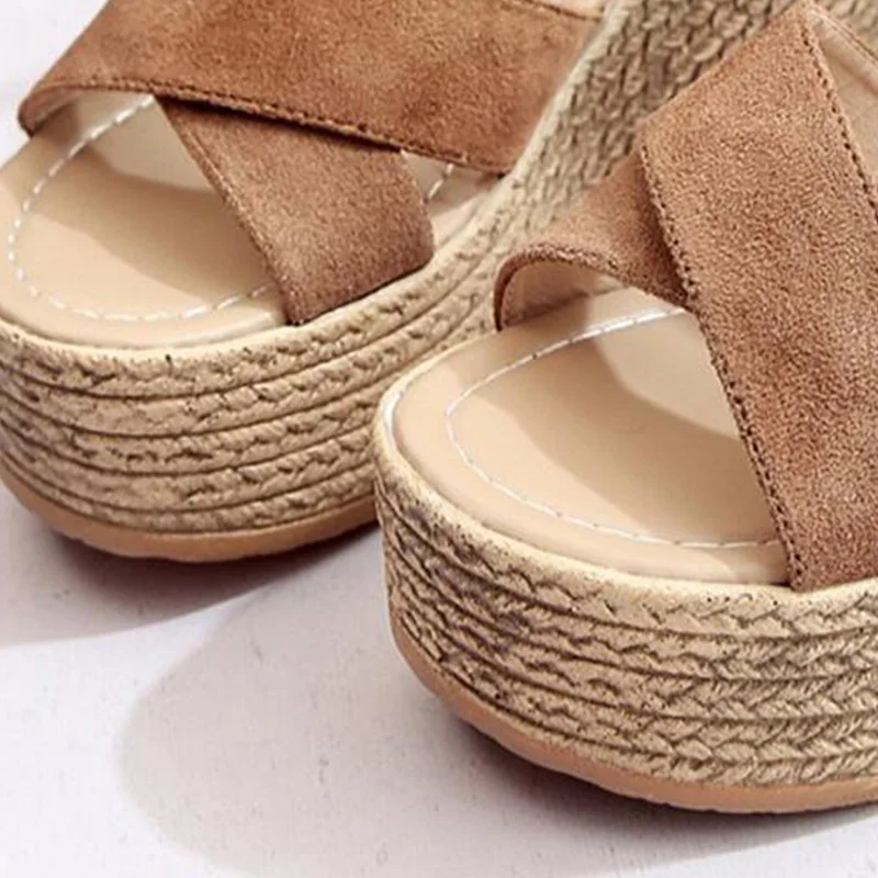 AUAU-Suede Muffin Bottom Buckle Comfortable Casual Fashion Sandals Thick Bottom Wedge Female Sandals