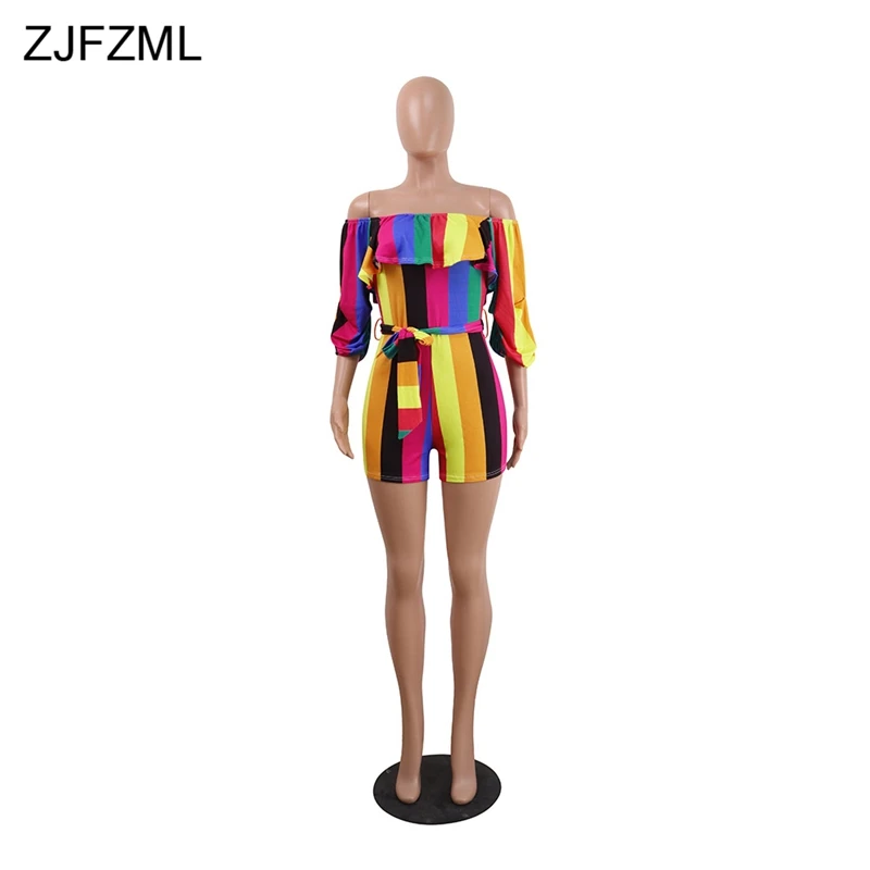 Off Shoulder Rainbow Striped Sexy Bodycon Playsuit 3/4 Lantern Sleeve Floral Print Rompers Womens Club Ruffles Sashes Jumpsuits