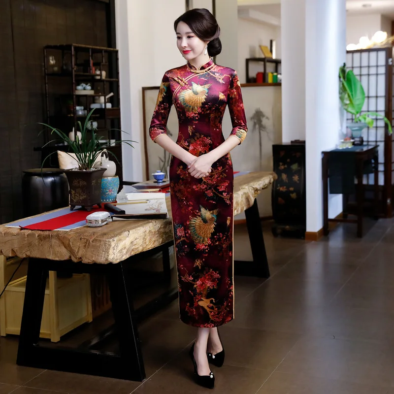 Осенние новые китайские женские тонкие длинные Cheongsam винтажные бархатные вечерние платья Элегантное платье с цветочным принтом Qipao оверсайз 3XL 4XL