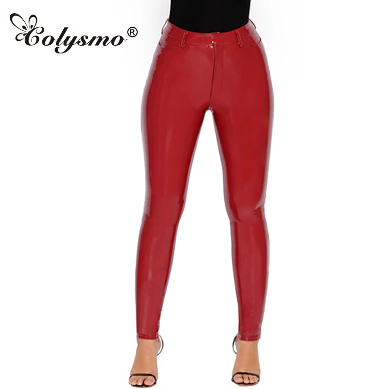 

Colysmo Zipper Placket Solid Color Leggings Slim PU Leather Shiny Pencil Pants Women Casual High Waist Spring Long Pants 2018