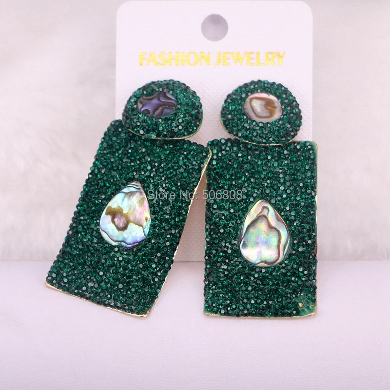 

3Pairs Zyunz Jewelry Rectangle shape earrings with abalone shell pave dark green rhinestone crystal dangle drop earrings