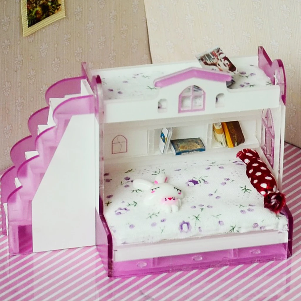 1/12 Dollhouse Miniature Children Bedroom Furniture Bunk Bed Double Bunk With Accessories Purple Color For Little Girls Present