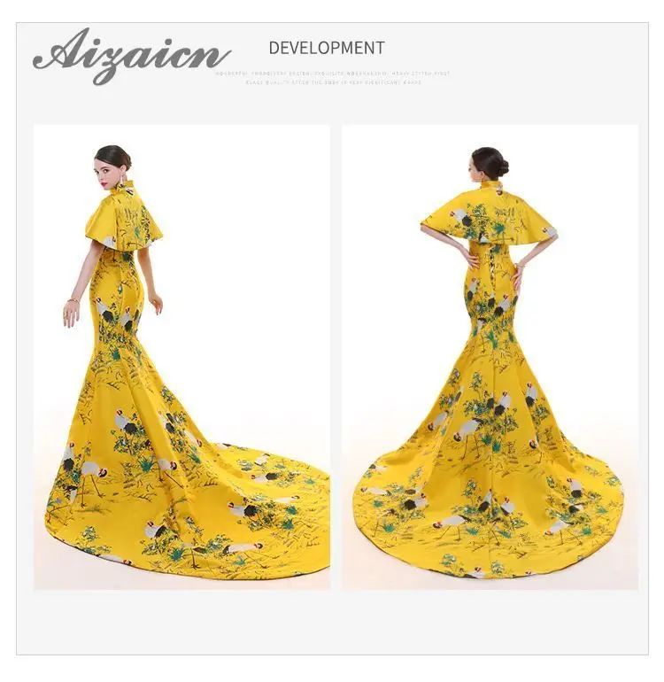 Желтый кран атлас вышивка Cheongsam Роскошные шлейфом китайская мода платье Элегантный Восточный вечерние платья 12 Стиль пользовательские