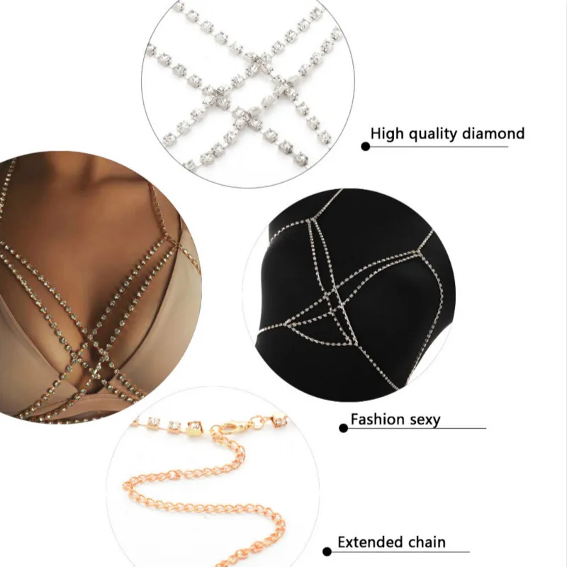 Bohemian Beach Sexy Chest Chain for Women Full Rhinestone Cross Chest Chain Shining Crystal Bra Body Necklace Choker Jewelry