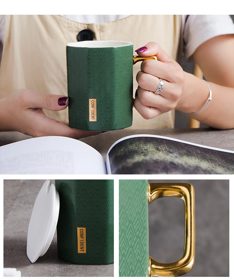 Berjaya креативный полигон золото рукоятка керамическая кружка с ложкой большой емкости бизнес офисная чашка для кофе и кружка