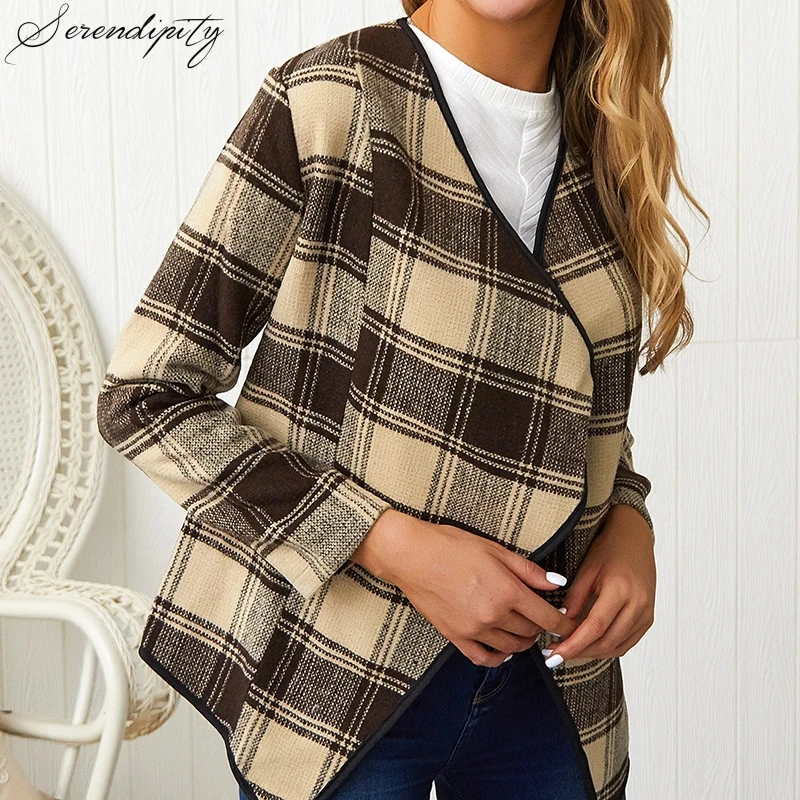 

SRDP Fashion Plaid Casual Women Cardigan Long Sleeve Coat Outwear Winter Lapel Collar Tie Dye Loose Office Lady Wool & Blends
