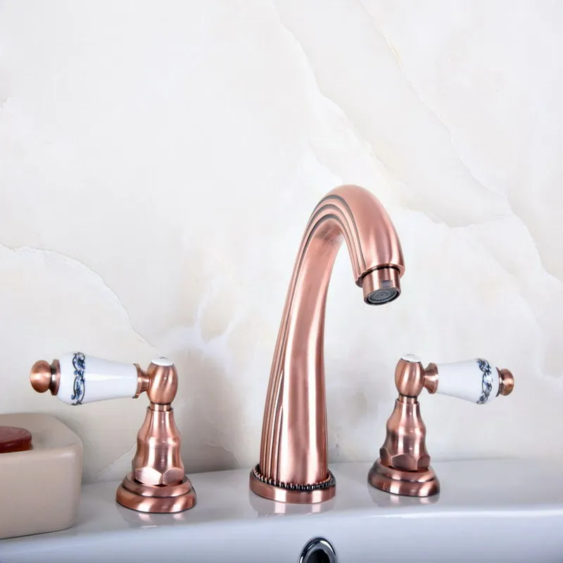 

Antique Red Copper Brass Deck Mounted Widespread Bathroom Basin Faucet Sink 3 Holes Mixer Tap Dual Ceramic Handles Levers arg080