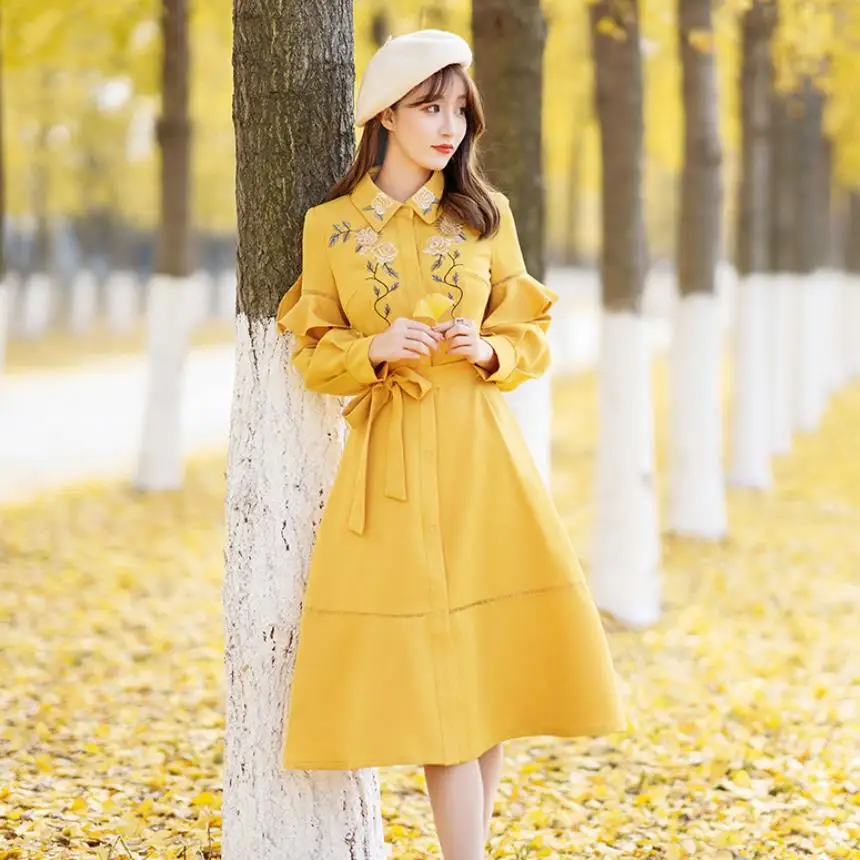 Новое модное Брендовое платье с вышивкой и оборками в стиле ретро, женское желтое бальное платье с гофрированной кромкой, платья с поясом wq1312 Dropship