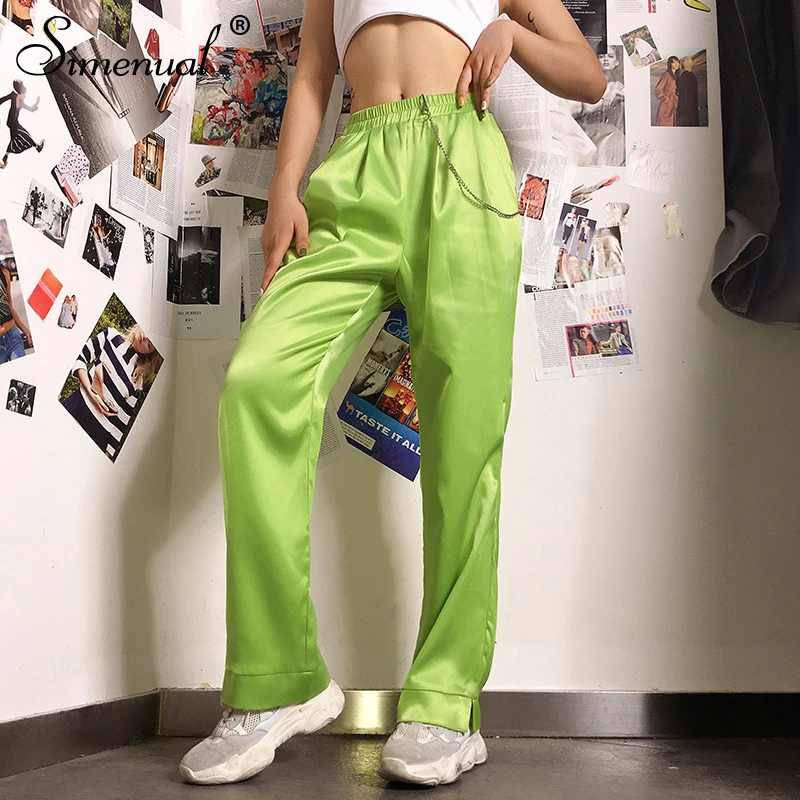 Simenual Solid Green High Waist Pants Women Casual Streetwear Satin Long Trousers Slim Basic Fashion 2019 Slik straight Pants Simenual Solid Green High Waist Pants Women Casual Streetwear Satin Long Trousers Slim Basic Fashion 2019 Slik straight Pants