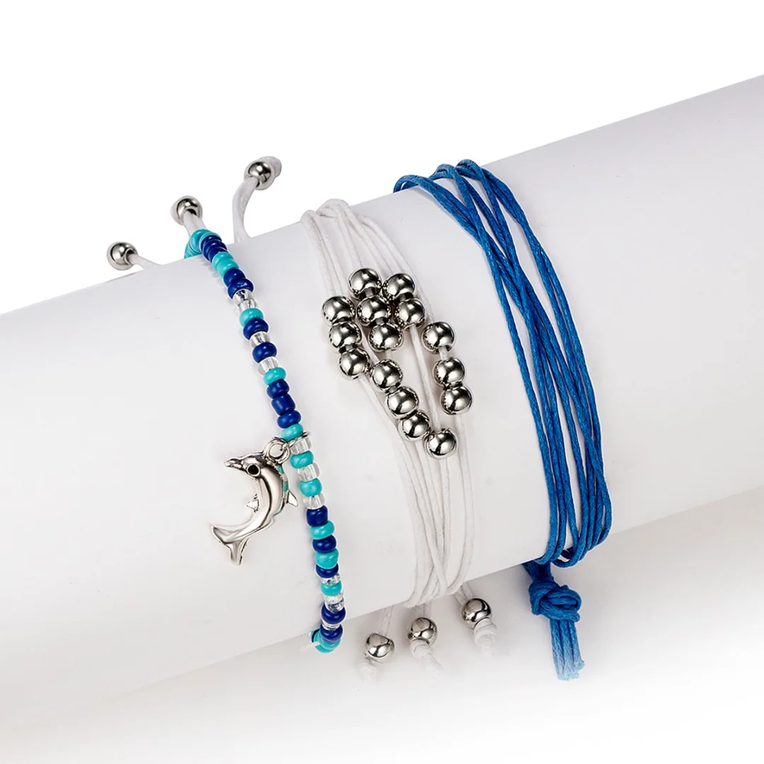 Boho Bangle Dolphin Pineapple Shell Bracelet for Women Fashion Mini Beads Rope Braided Bracelet Set Summer Bohemia Jewelry