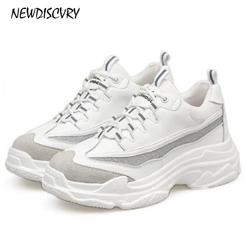 

NEWDISCVEY Genuine Leather Women's Chunky Sneakers 2019 Fashion Casual Women Lace Up Platform Shoes Basket Woman Trainers Shoes