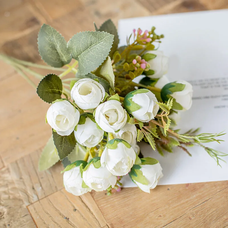 1 букет, 15 бутонов, искусственная чайная роза, цветы, шелк, настоящее прикосновение, искусственные цветы, растения, свадебные украшения, для дома, сада, цветочные - Цвет: Белый