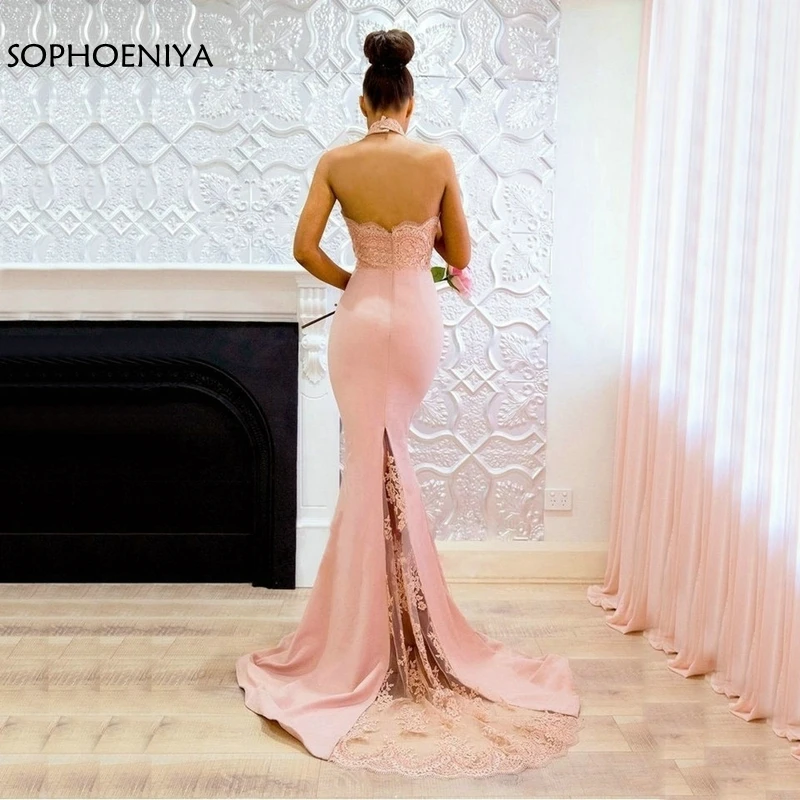 New Arrival Pink Mermaid Evening Gowns 2019 Cheap Evening Dresses Long Halter-Neck Elastic Satin Appliques Lace evening dress