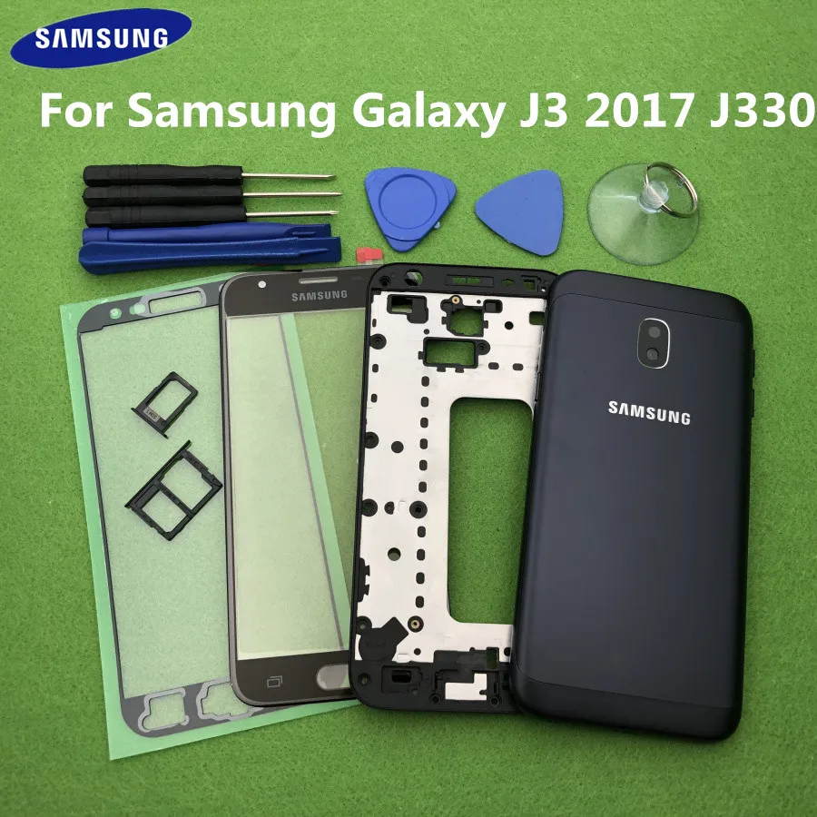 

For Samsung Galaxy J3 2017 J330 J330F Full Housing Case Bezel Middle Frame Back Cover Battery door + Front Glass Lens Tools