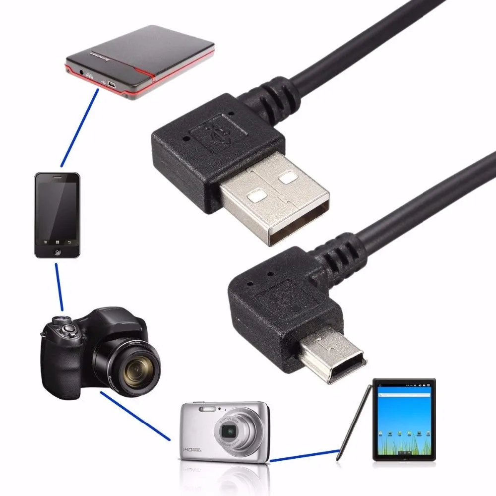 

50PCS/LOT Wholesale USB2.0 Type A Male Angled 90 Degree to Mini USB B Male 5 pin Data Cable Cord