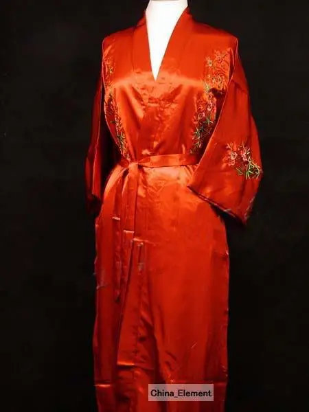 Темно-синий китайский женский Шелковый Атласный халат с вышивкой, кимоно, банное платье, ночная рубашка с цветами, Размеры S M L XL XXL XXXL WR050 - Цвет: Red